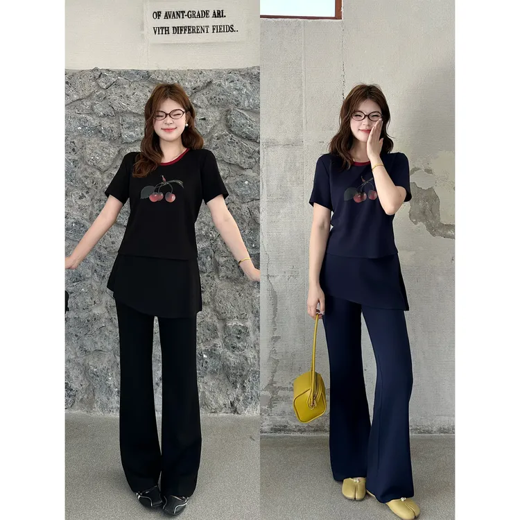 裂渡宣宣【莓果缪斯】微胖大码女夏时尚印花T恤+休闲裤套装ZY504F51