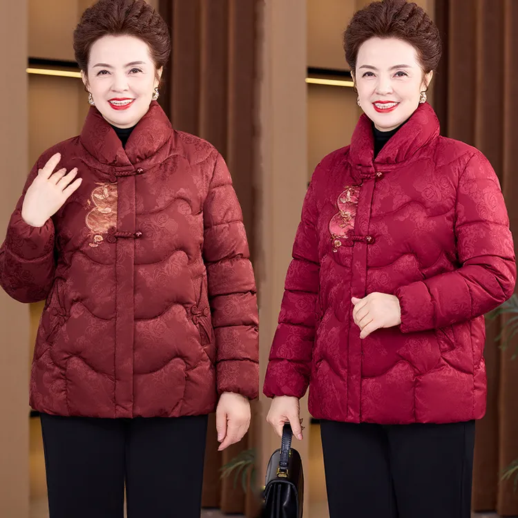 2025短款中老年妈妈女装印花棉衣喜婆婆红色棉袄立领洋气气质加厚