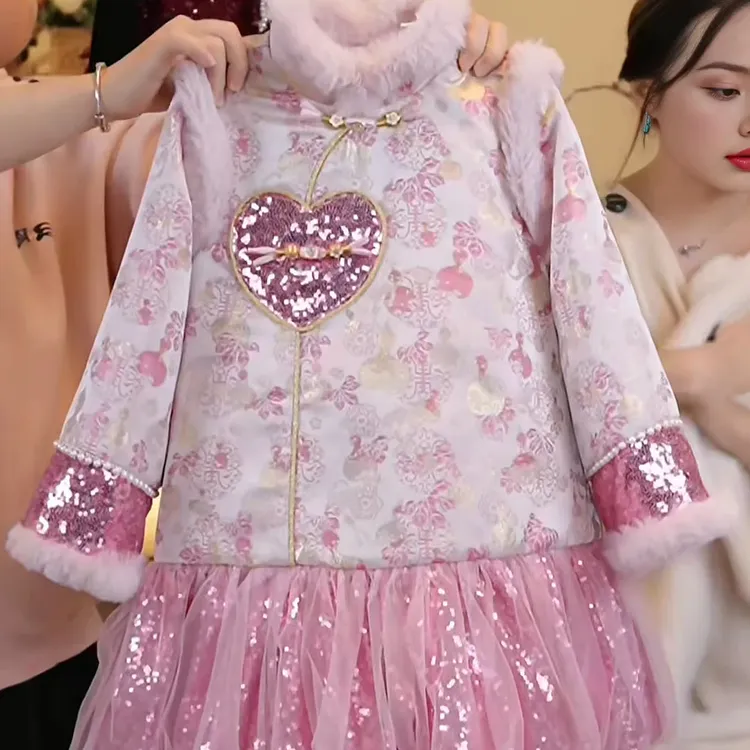 女童国风连衣裙拜年服2025新款儿童秋冬加厚粉色裙子女宝旗袍裙冬