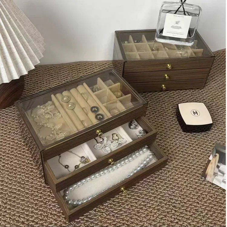 首饰收纳盒高档胡桃木纹多层项链手链戒指耳钉耳环饰品收纳首饰盒