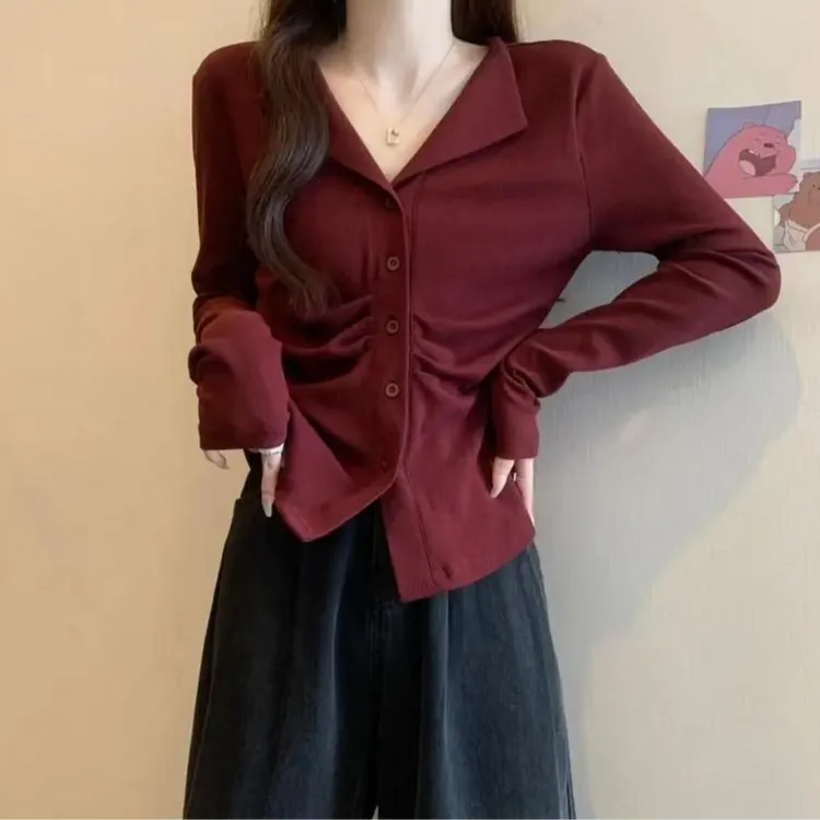 大码女装秋季新款时尚褶皱设计感减龄长袖收腰显瘦遮肚小众衬衫