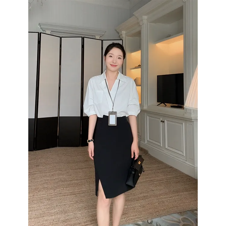 郭九九呢 法式气质设计斜门襟衬衫上衣开叉西装半身裙 G924C09538