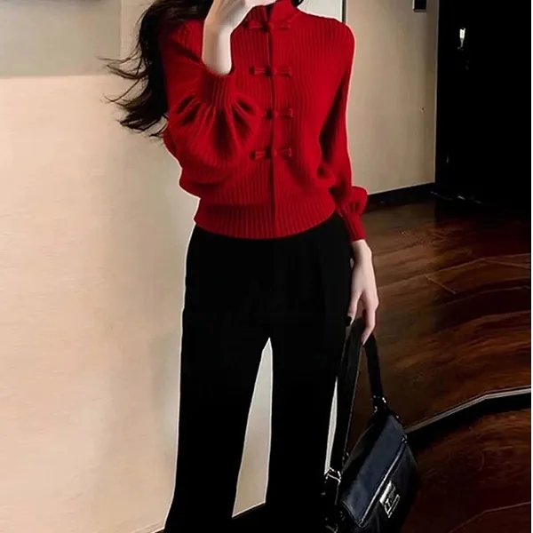 新中式红色立领盘扣毛衣2025秋冬独特超好看灯笼袖针织衫裤子套装