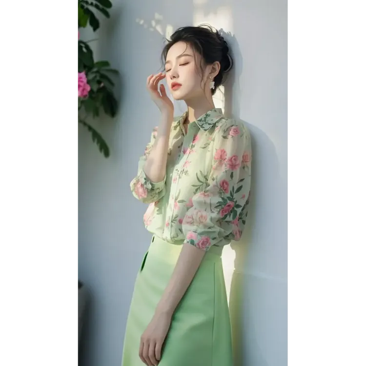 春款独特漂亮小衫法式高级感超好看气质绿色碎花雪纺衬衫