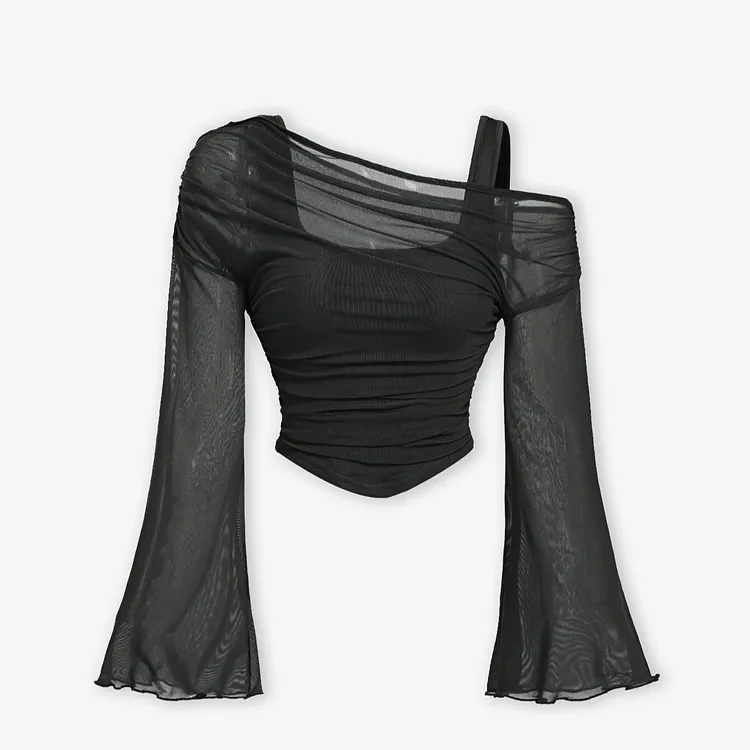 辣妹常规款长袖纯色T恤服装显瘦短款时尚泡泡袖蕾丝抹胸拼接