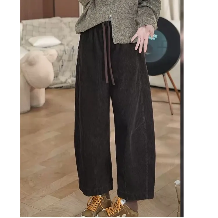 小个子复古细纹灯芯绒休闲弯刀裤2025秋冬港风大码胖mm九分阔腿裤
