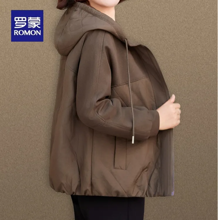 罗蒙中年妈妈春秋新款夹棉外套中老年人女装秋季时尚拼接连帽夹克