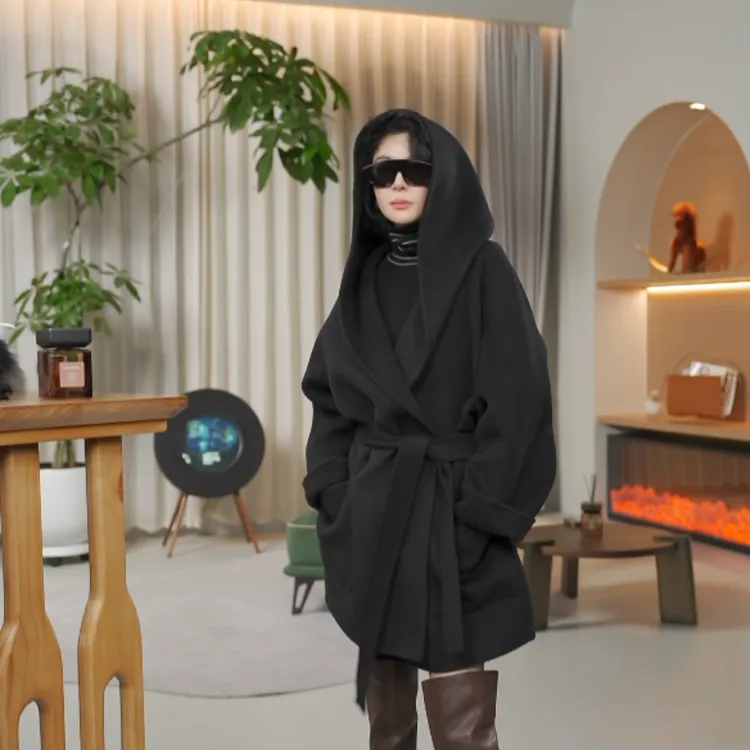 100%绵羊毛极简气质氛围感连帽双面羊毛大衣ZXA116