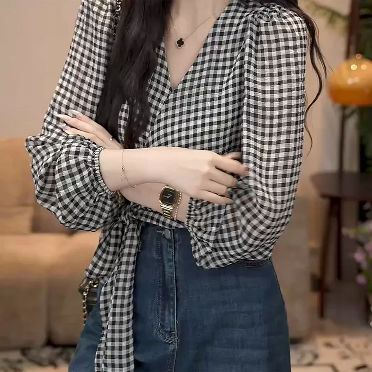 【竹摇碎影】高级感绑带收腰长袖格子衬衫上衣衬衣女秋季C5862