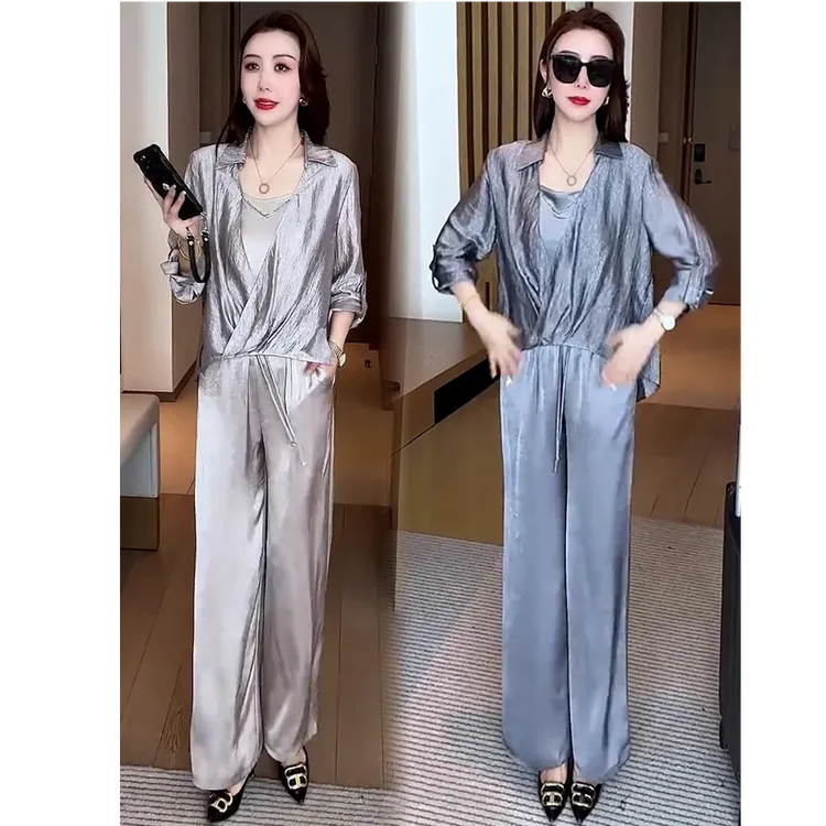 时尚休闲套装女2025春夏新款洋气显瘦长袖衬衫吊带阔腿裤三件套潮