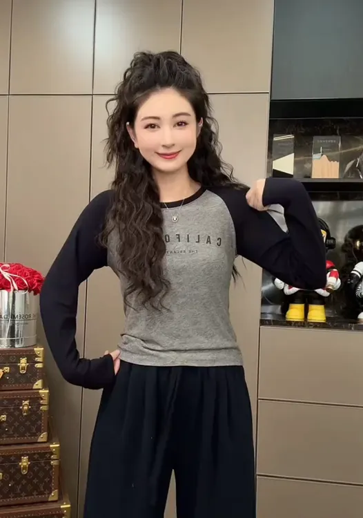 欧货2025秋冬新款纯色百搭减龄显瘦插肩袖休闲长袖T恤女