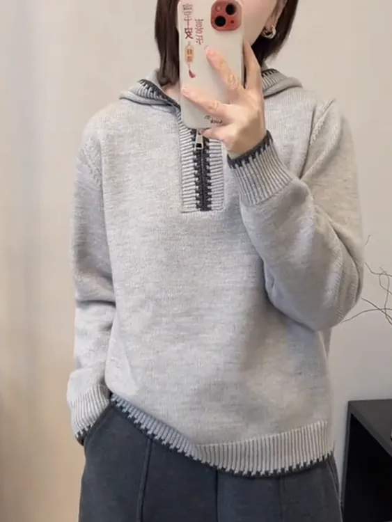 简约连帽半拉链毛衣女2025秋冬新款长袖慵懒通勤风穿搭针织衫上衣