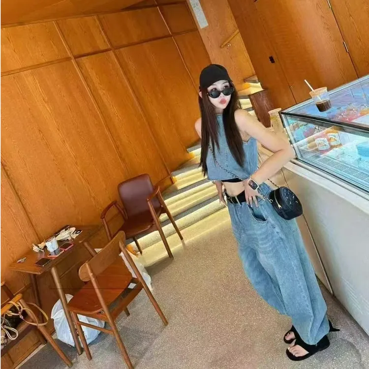 短款t恤性感辣妹风修身时尚套装气质牛仔蓝色休闲夏季显瘦百搭