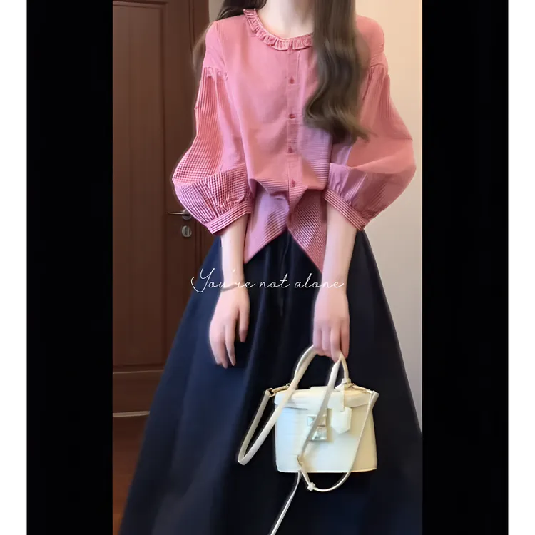 2025春季新款时尚气质休闲红白格花边领长袖衬衫搭半身裙显瘦套装