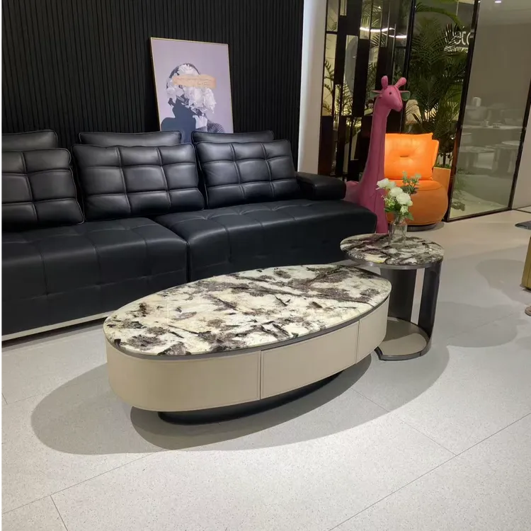 2025新款意式椭圆形茶几奢石餐桌大理石现代轻奢客厅设计师时尚
