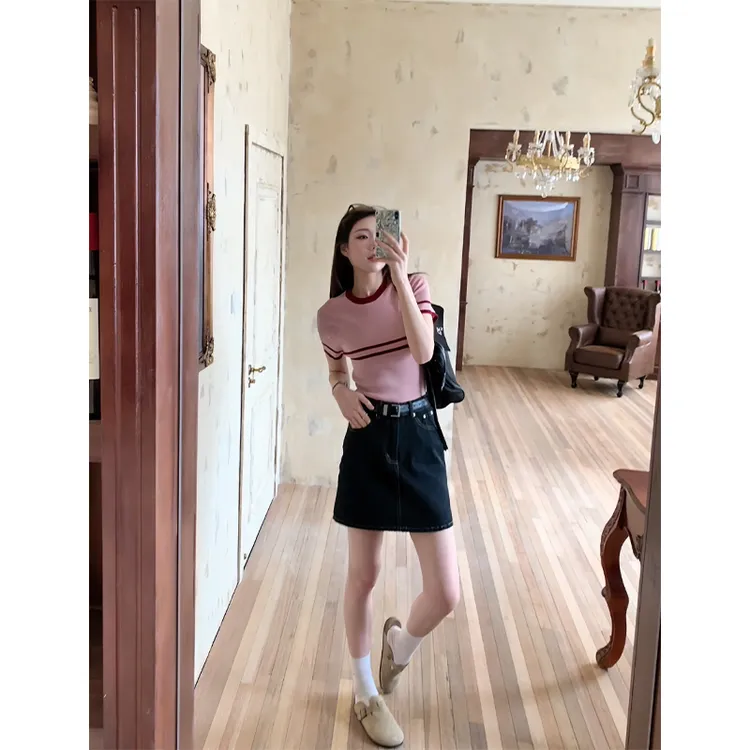 2025夏季新款时尚百搭T恤加长拼色条纹修身圆领半袖针织短袖女