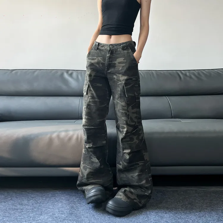 JADEQILIN美式直筒微喇迷彩工装裤男女宽松复古高街cleanfit裤子