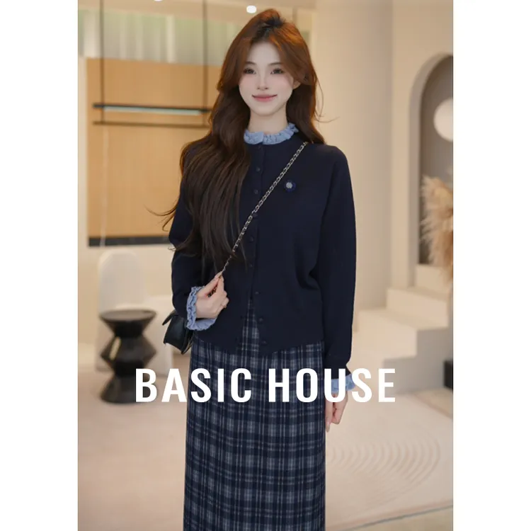 Basic House/百家好秋季新款格纹显瘦松紧中长款裙子B1195B59C12