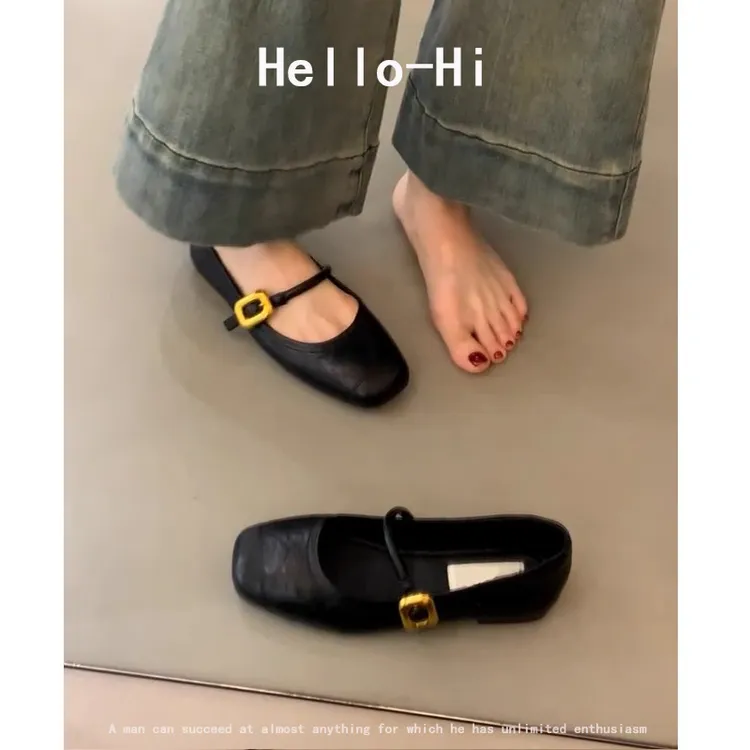 羊皮版~法式平底单鞋女复古方头玛丽珍鞋一字带金属奶奶鞋小皮鞋
