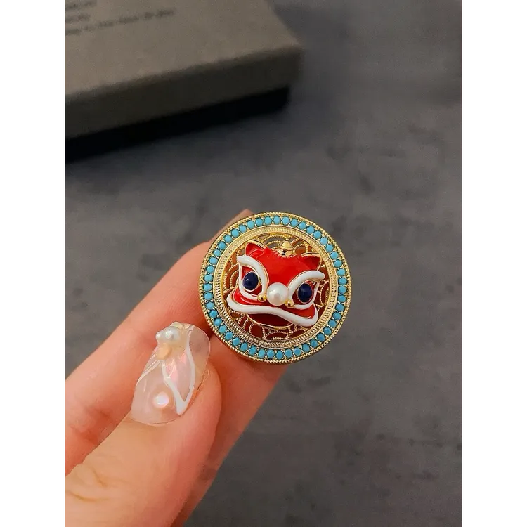 合金胸针 国风新中式滴油醒狮胸针动物别针可转动新年礼物胸花