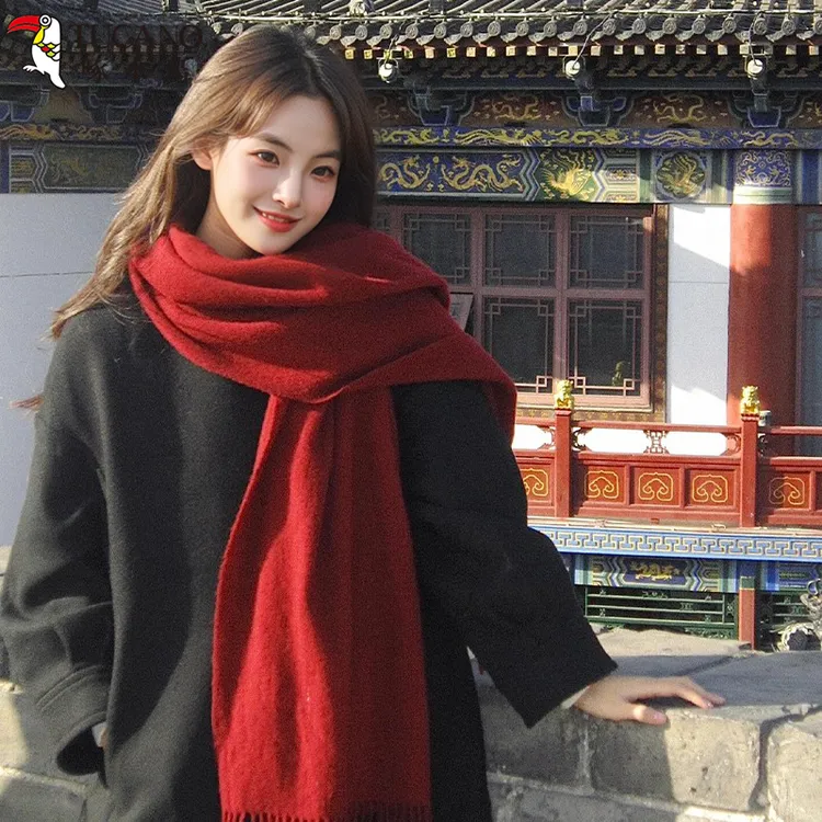 啄木鳥红色围巾女款2025新款冬韩系氛围感高级感纯色围脖百搭披肩