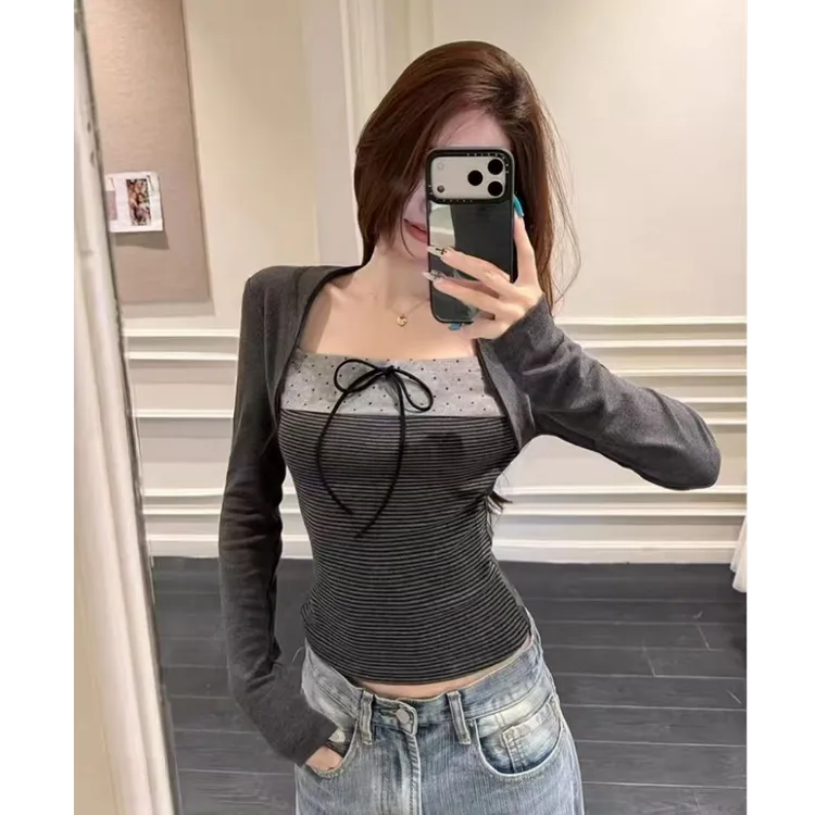 【双版本】韩系蝴蝶结 松紧系带假两件波点长袖女 加绒显瘦方领打底