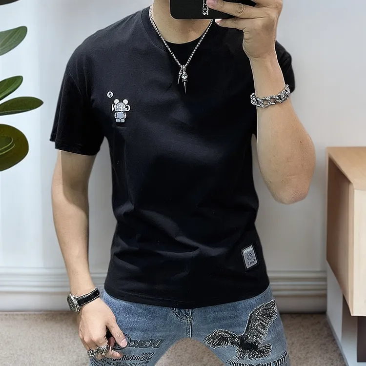 夏季短袖T恤男宽松潮牌情侣装小熊刺绣印花欧货丝光圆领体恤男装
