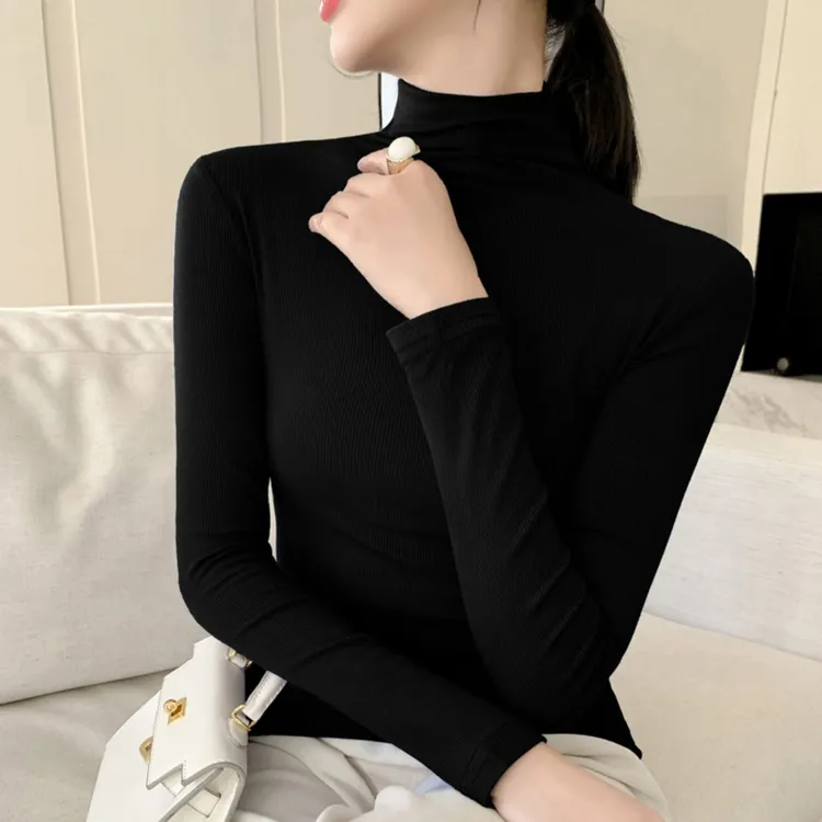 女士中领打底衫内搭T恤秋冬季黑色长袖螺纹贴身半高领上衣t恤秋季