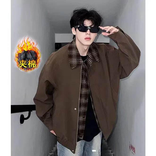 美拉德假两件夹克男棕色外套秋冬宽松翻领cleanfit棉服复古棒球服