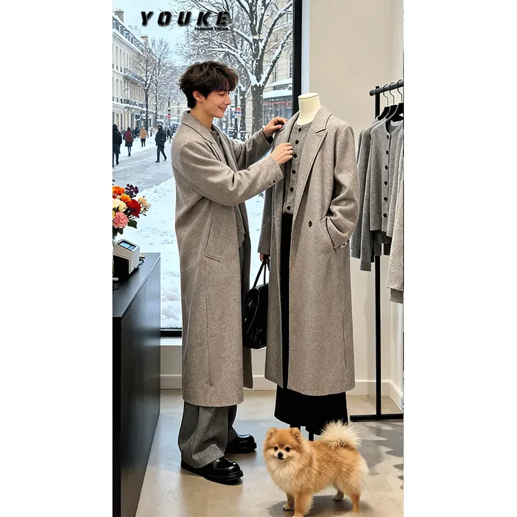 燕麦色中长款毛呢大衣男款韩系氛围感秋冬穿搭英伦风垫肩风衣外套