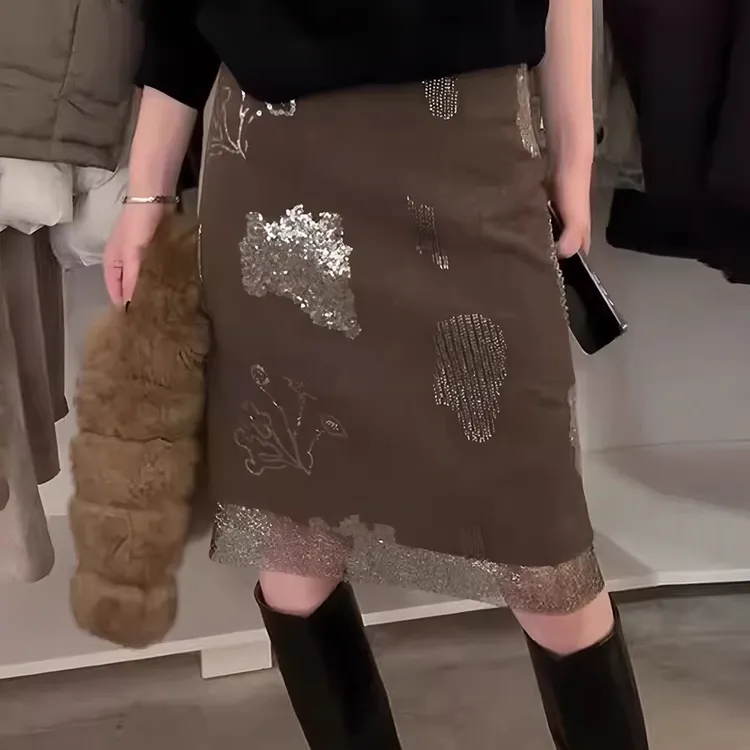 运补6-10咖色拼接亮片2025秋冬流行新款高级气质好看百搭中长裙