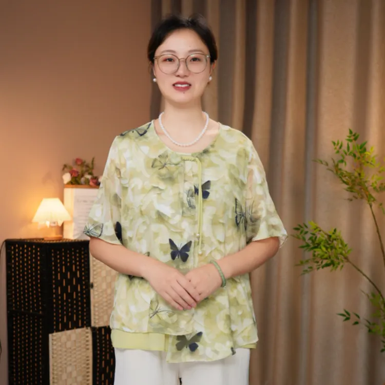 2025新款中老年女时尚雪纺上衣洋气T恤妈妈夏装国风气质短袖小衫