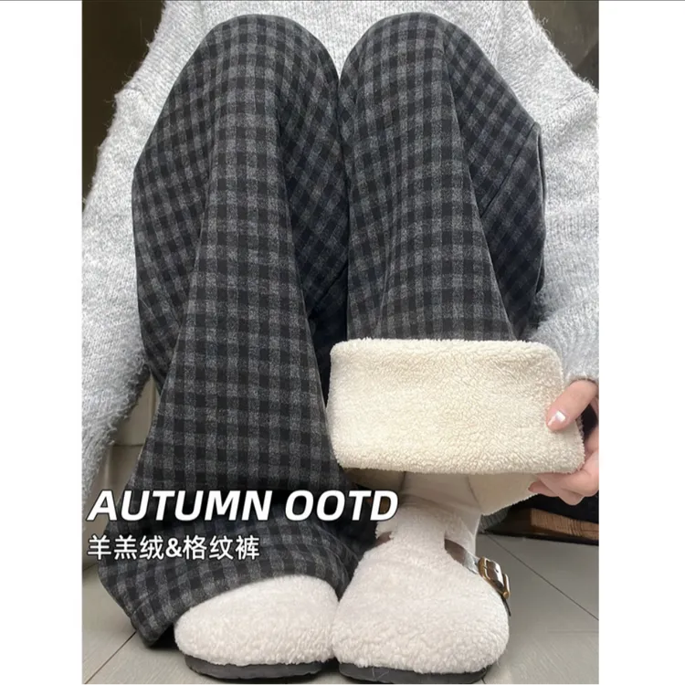 孕妇裤黑灰色毛呢格子休闲裤秋冬季加绒加厚垂感显瘦羊羔绒阔腿裤