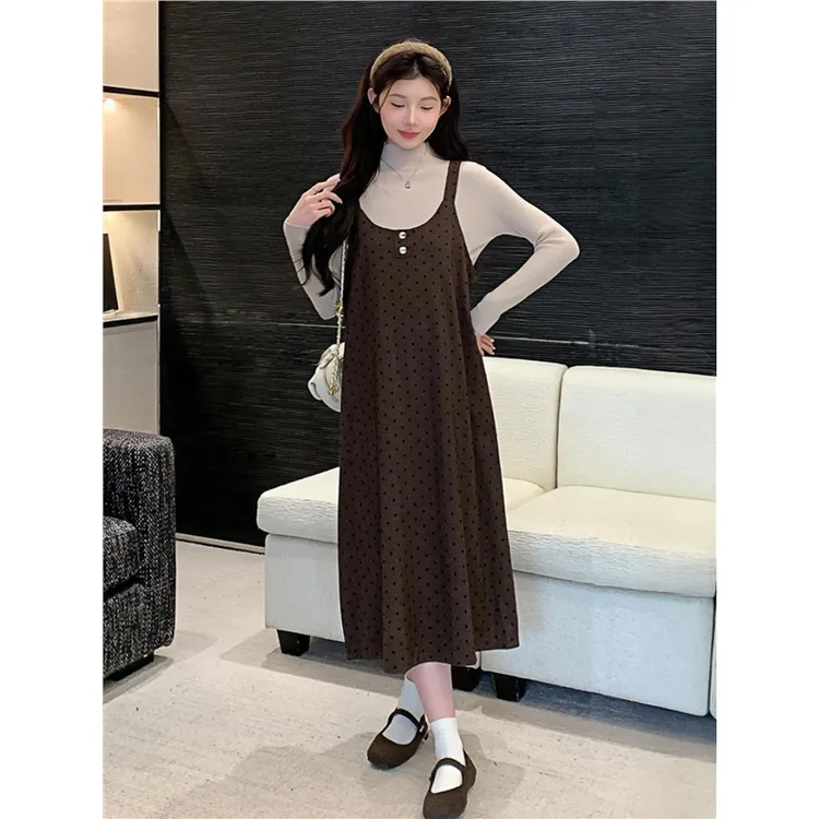 孕妇装秋冬季小个子韩版针织打底上衣高级感毛衣波点背带裙两件套