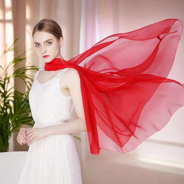 品牌高端桑蚕丝180*65cm披肩纯色春秋薄款纱巾红色真丝丝巾女围巾
