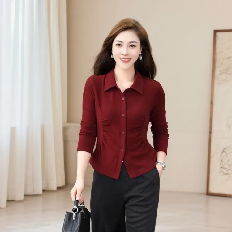 秋冬女装新款保暖红色衬衫 修身显瘦外穿打底衫 白领气质加绒衬衣