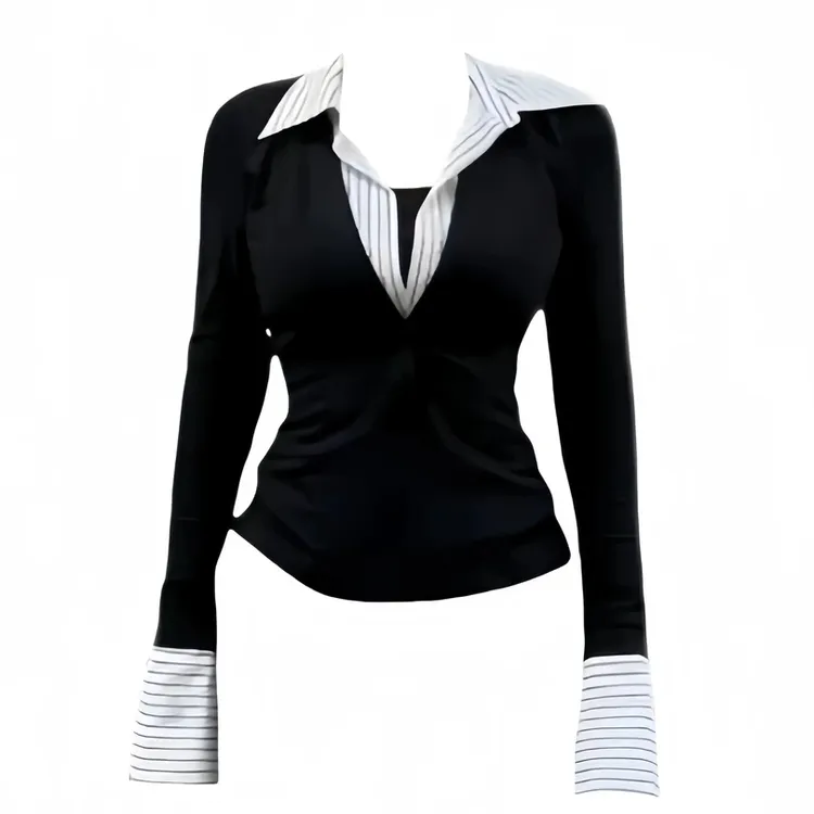 假三件纯欲风polo领衬衫修身显瘦甜美减龄假两件上衣女-8360