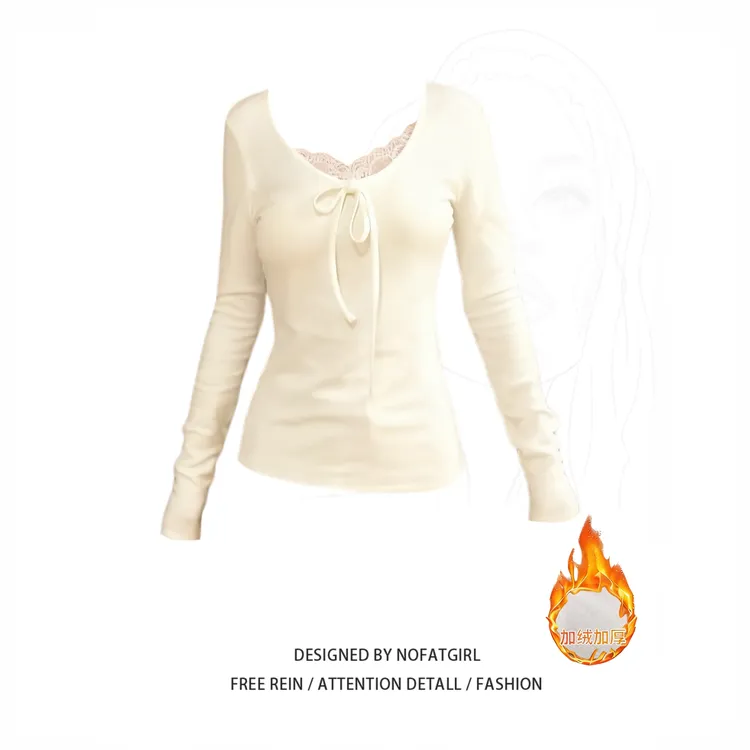大码胖妹妹纯欲风蕾丝V领加绒加厚打底衫女秋冬修身长袖内搭上衣