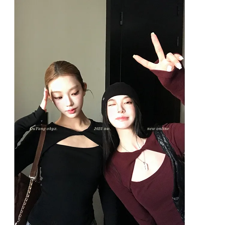 韩系纯欲风小心机打底衫升温加绒扭结镂空修身显瘦长袖T恤女上衣