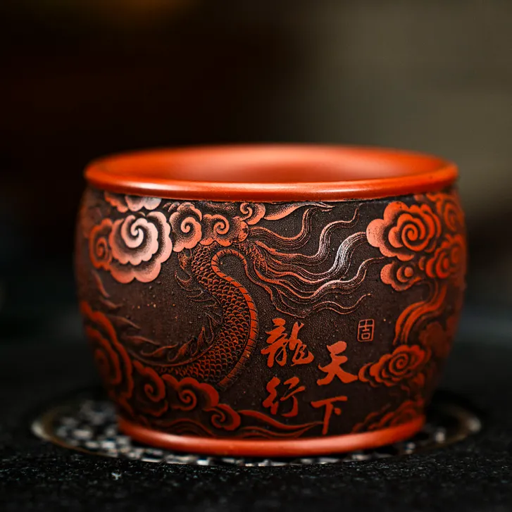 8269宜兴紫砂手工雕刻龙行天下双层主人杯纯手工茶杯品茗杯茶具