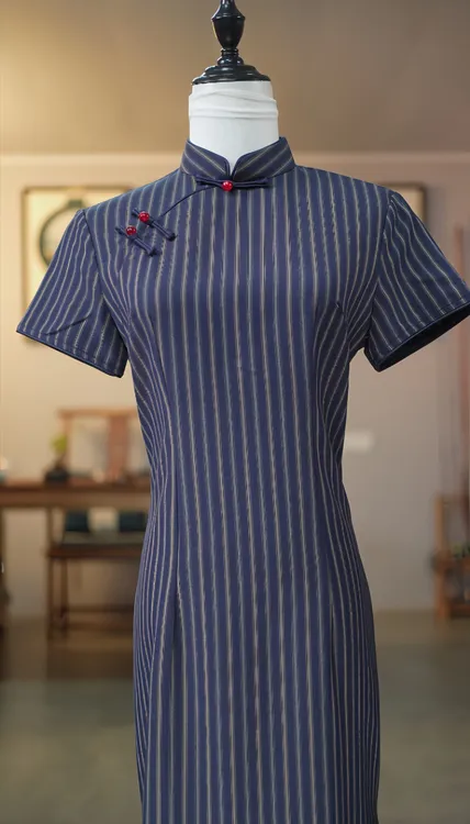 旗袍 长款 单层 （衣长约120cm）旧时光  C617（藏青条）