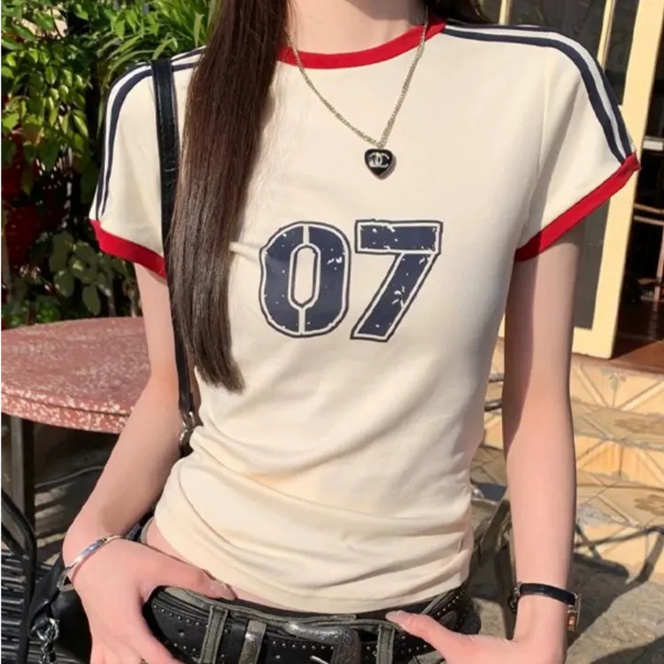 纯棉撞色美式杠条印花正肩短袖T恤女夏季设计感小众修身短款上衣
