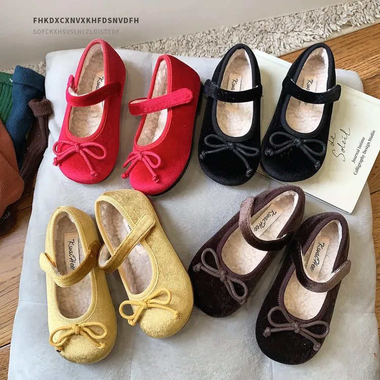 丝绒蝴蝶结儿童棉鞋秋冬季女童童鞋浅口女孩加绒单鞋宝宝公主鞋子