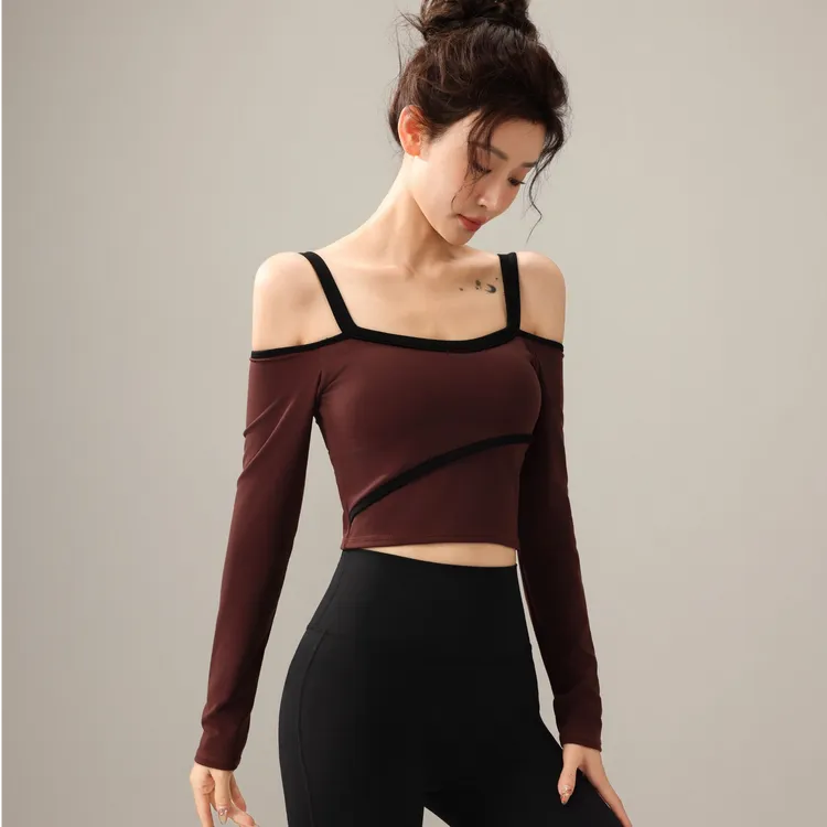 精致小清新露肩性感瑜伽服长袖一体杯（单上衣）23755