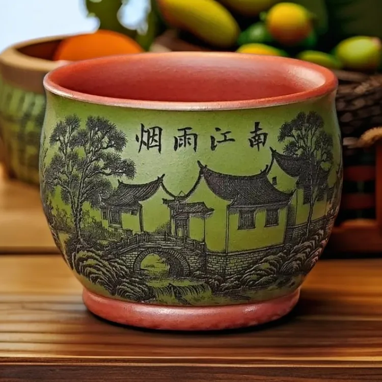 宜兴全手工山水底槽青双色粉浆江南红泥紫砂主人杯