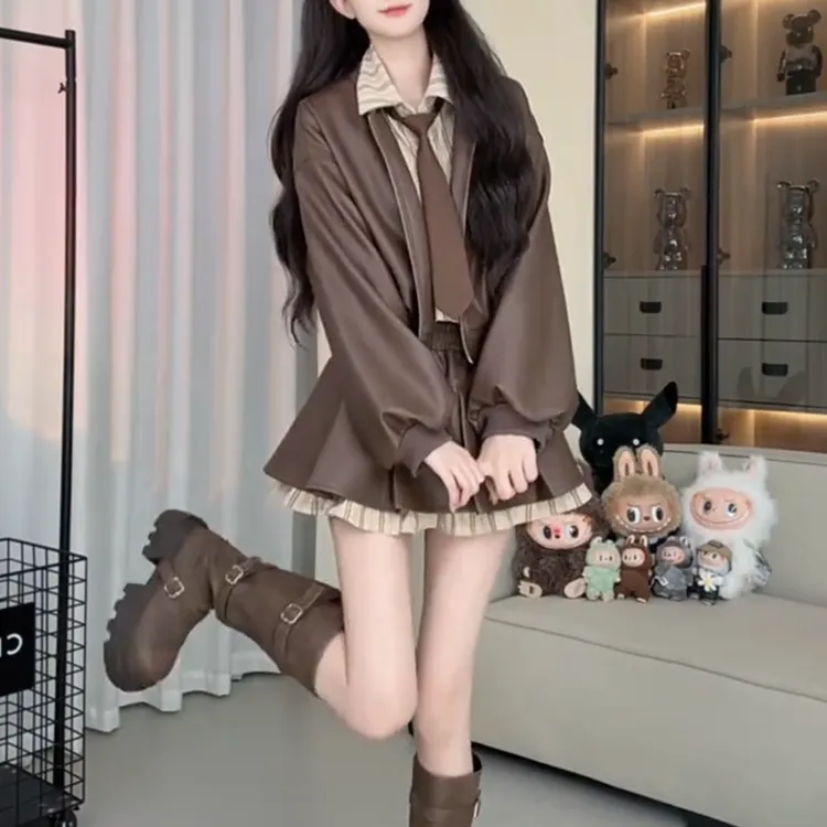 秋季设计感拼接衬衫皮衣夹克开衫外套+显瘦百褶半身裙两件套套装