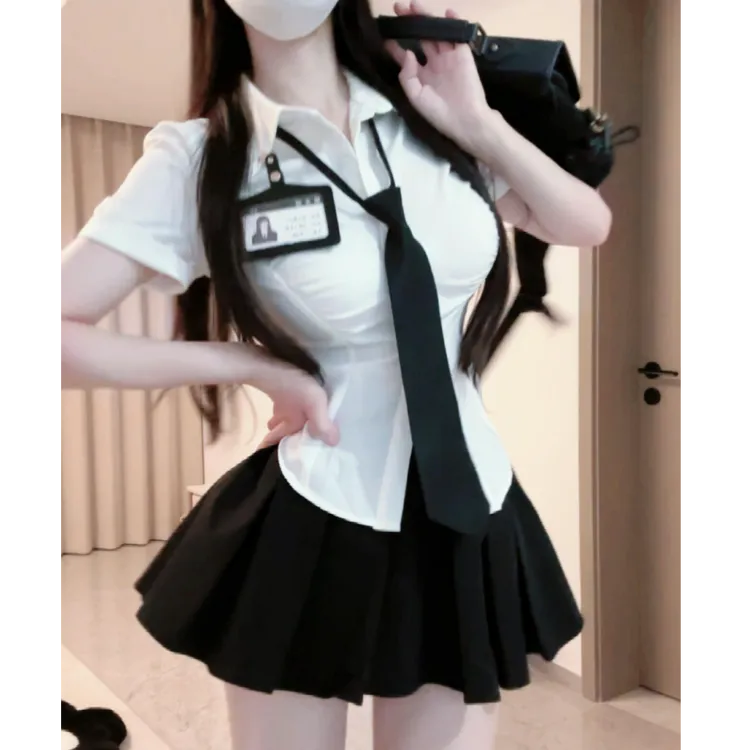 纯欲风法式辣妹JK制服套装夏季学院风收腰短袖衬衫女百褶裙两件套