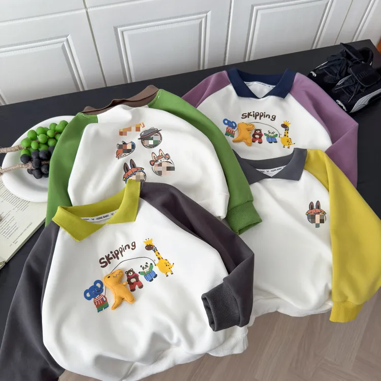 【高品质】新款儿童卫衣男童春秋翻领插肩卫衣女童插肩卡通打底衫