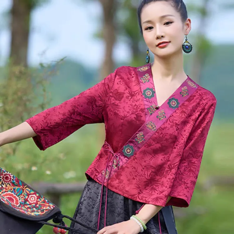 春季中式上衣民族风宽松七分袖时尚百搭显瘦衬衫高贵50-60岁女装