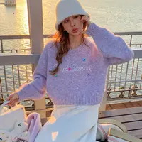 紫色毛衣手缝彩钻字母短款针织衫2025秋冬甜美小个子减龄上衣女